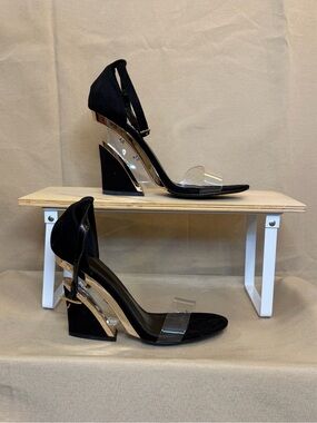 Black Suede Block Heel Sandals with Clear Strap